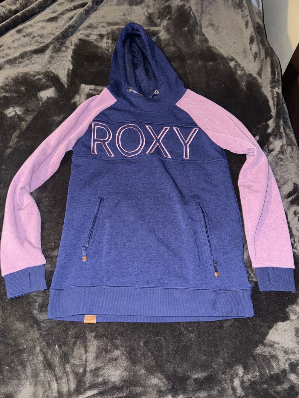 ROXY Small Hoodie Navy Blue Light Purple Thumb Hole Zipper Pockets